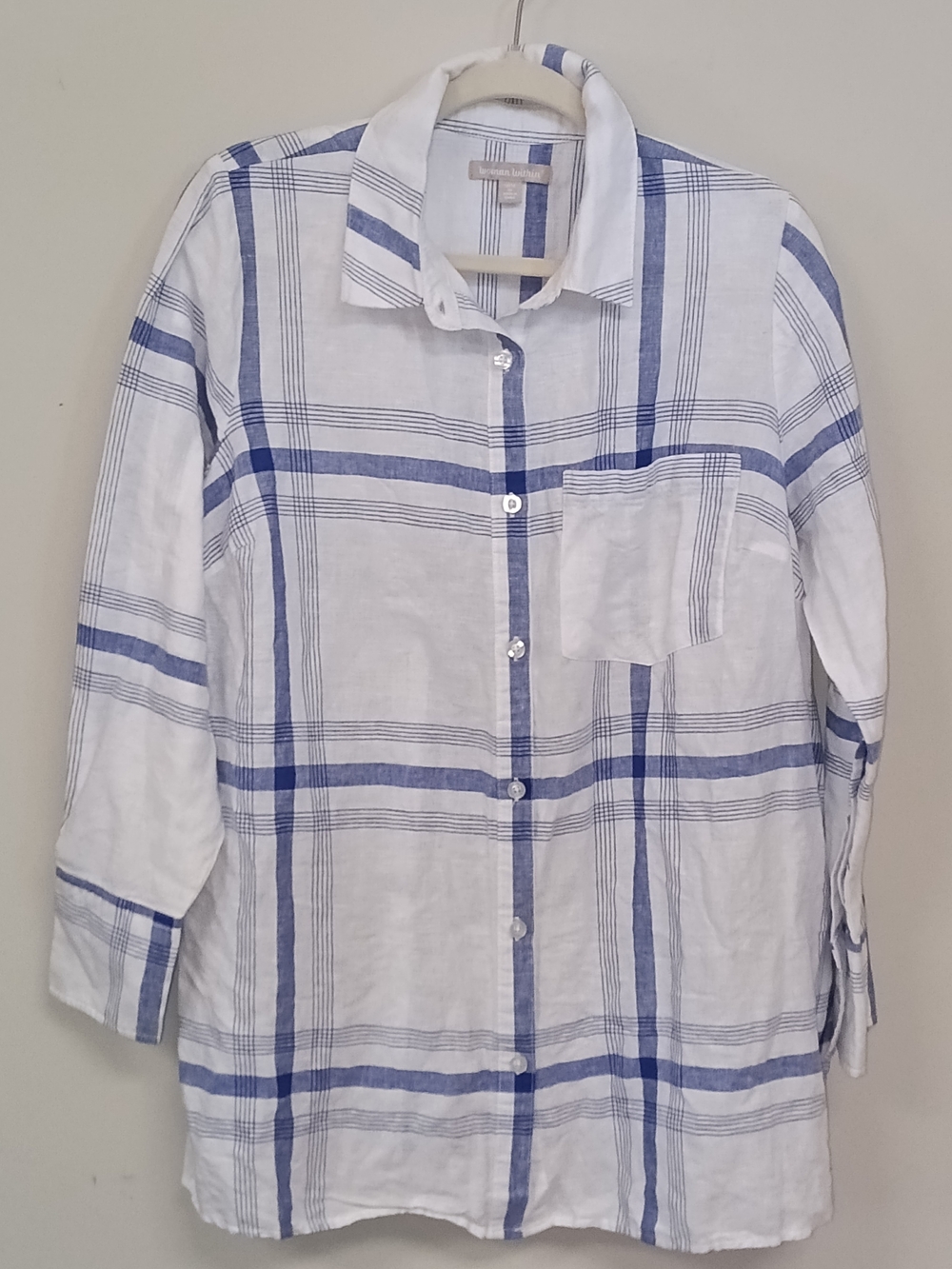 Woman Within Linen Blend White and Blue Plaid Button-Down Shirt 14/16 Coastal